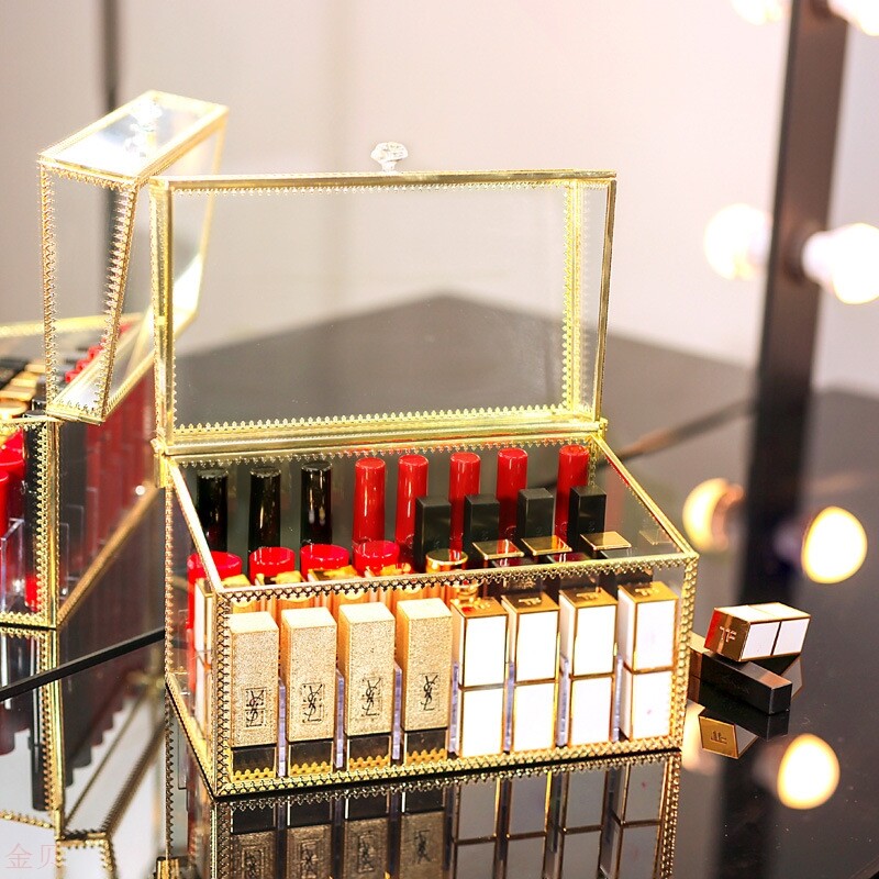 网红玻璃口红收纳盒防尘带盖多格放装化妆品桌面梳妆台唇釉展示架