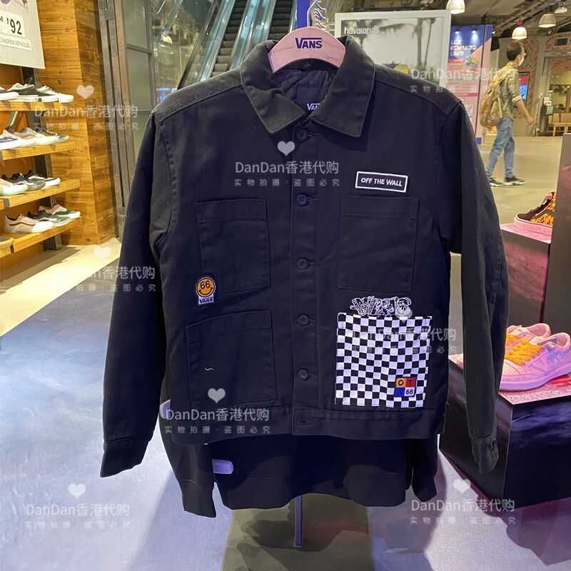 香港代购vans_香港代购 vans范斯黑色棋盘格拼接男休闲棉服夹克外套vn