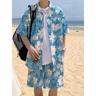 日系小清新碎花短袖衬衫男夏季防晒衣沙滩裤子潮ins新款印花套装