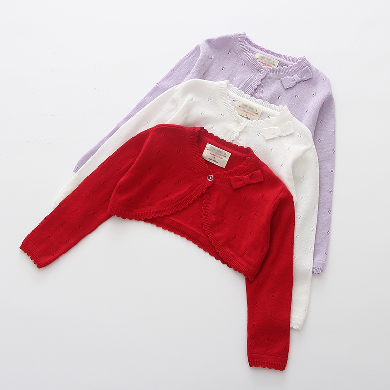 女童短款针织开衫红色棉线儿披肩春秋外搭空调衫防晒服宝宝小外套