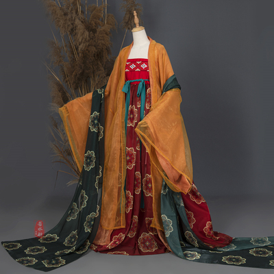 若水舫诃子裙汉服唐风全套大唐贵妃飘逸大袖衫披巾套装红春夏秋女