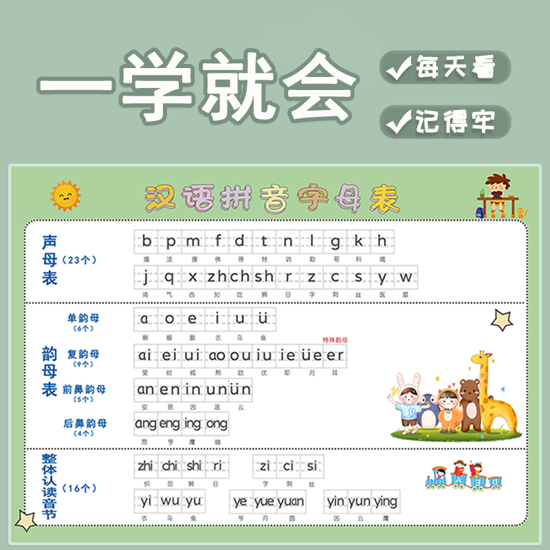 小学汉语拼音字母表墙贴一年级挂图声母韵母整体认读音节拼读全表