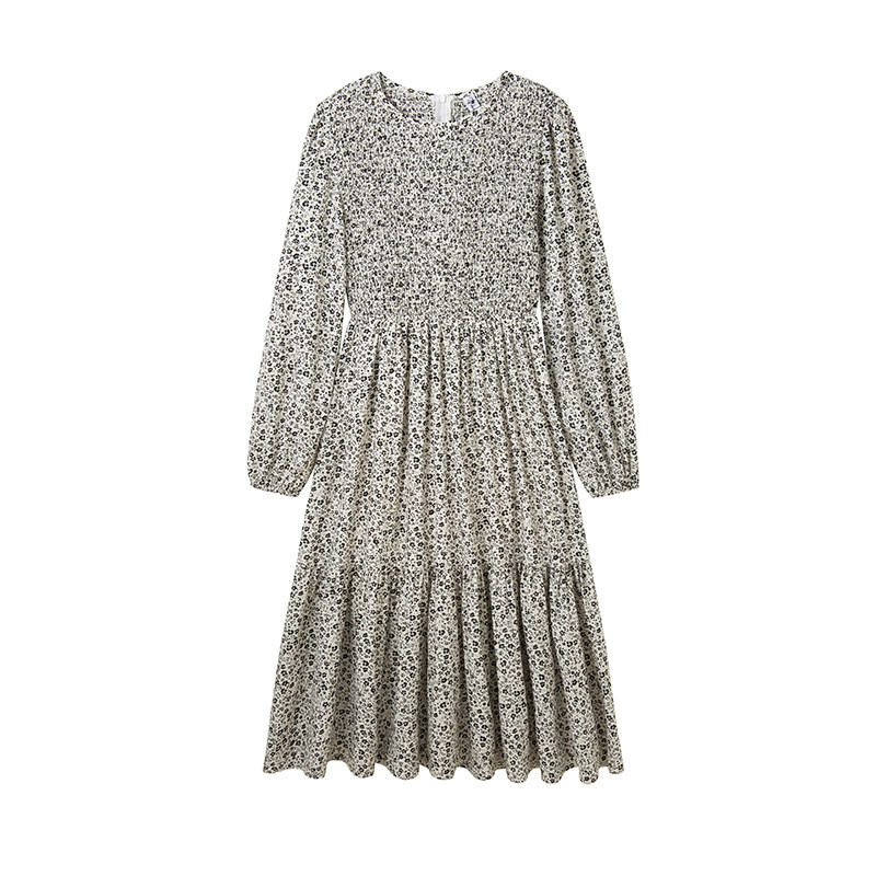 minirose 连衣裙女秋冬2020新款气质修身长款加厚黑白碎花雪纺裙