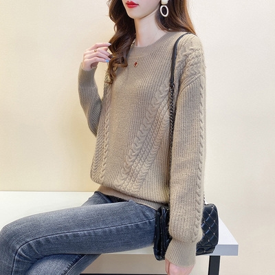 毛衣新款2020年秋季韩版圆领v型麻花宽松外穿纯色长袖针织衫女