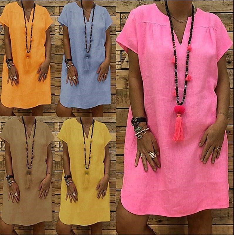 V领大码棉麻短袖连衣裙女cotton-linen short-sleeved dress在类目 女装/女士精品, 半身裙中 - 来自Buy2taobao.com提供专业的淘宝代购服务
