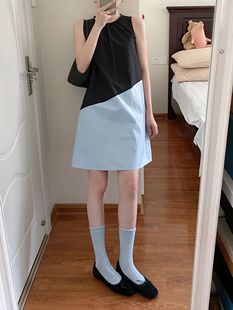 77time黑蓝拼色无袖连衣裙2023夏季新款高级感简约廓形短款连衣裙