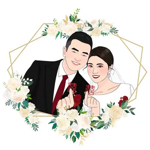 手绘婚纱照q版漫画婚礼简笔画请柬头像设计人物照片定制人像ins.