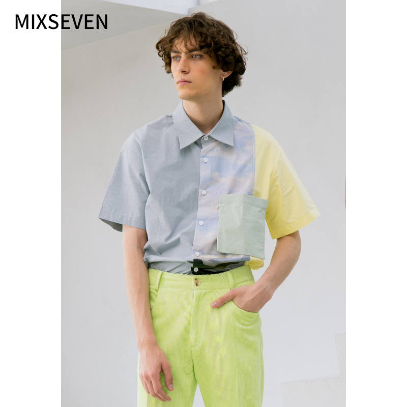 MIXSEVEN原创设计夏季度假风短袖衬衫宽松休闲设计感印花衬衣男女
