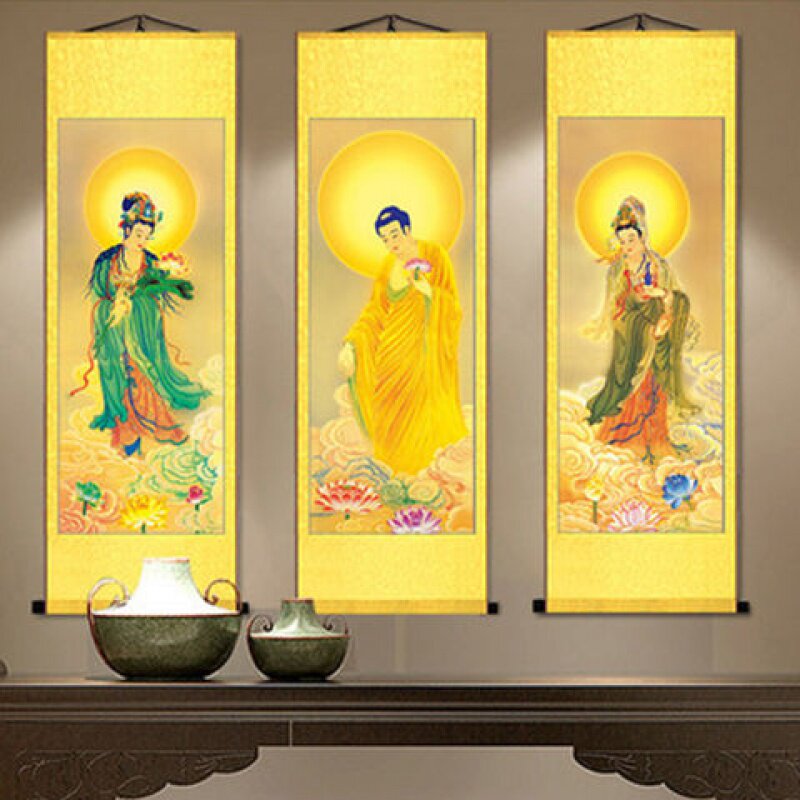 佛像画像国画西方三圣丝绸卷轴挂画观世音菩萨国画
