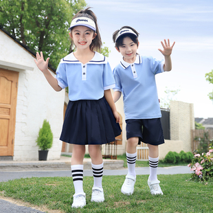 毕业照班服幼儿园园服夏装小学生英伦风夏季短袖蓝色运动校服套装