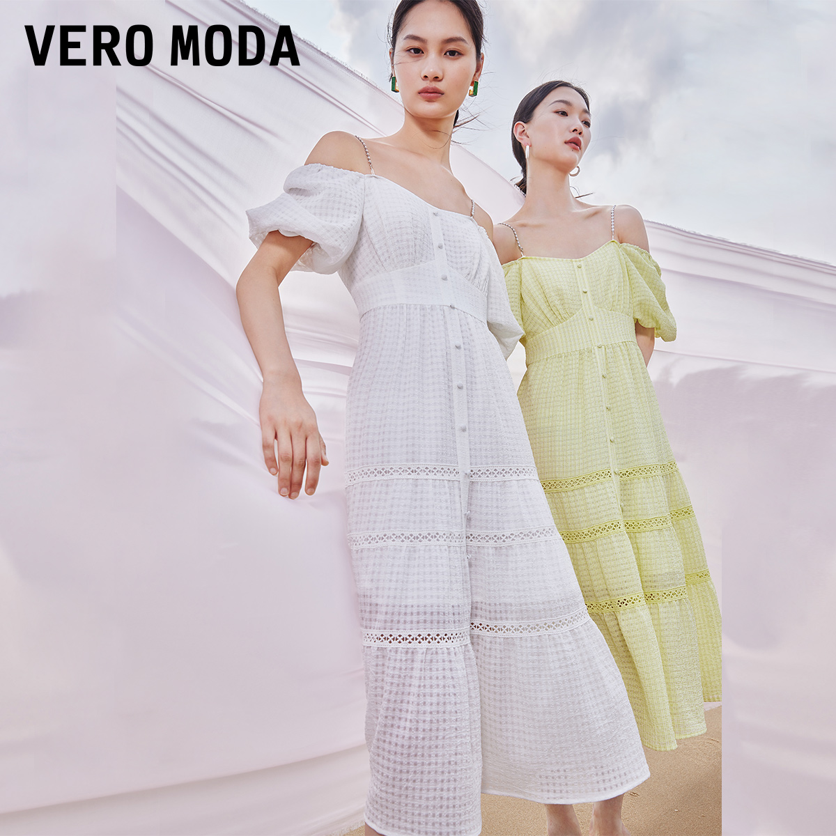 【直播】Vero Moda连衣裙2023春夏款长款肌理感格纹泡泡袖一字肩