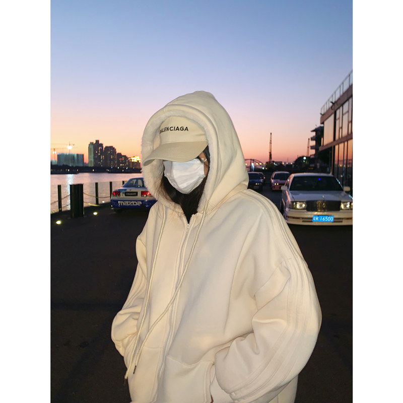 fernwang 毛绒外套女冬季休闲连帽卫衣加绒加厚中长款羊羔毛上衣