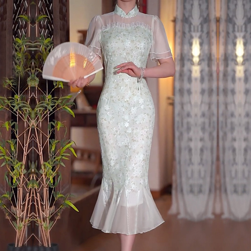 2023新款中式小清新鱼尾旗袍裙年轻款江南风少女高端气质连衣裙夏