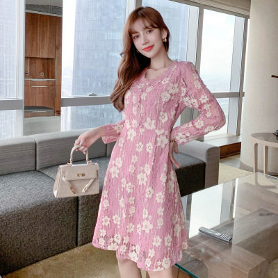 蕾丝连衣裙女2020秋装新款气质淑女粉色裙收腰显瘦娃娃领裙子