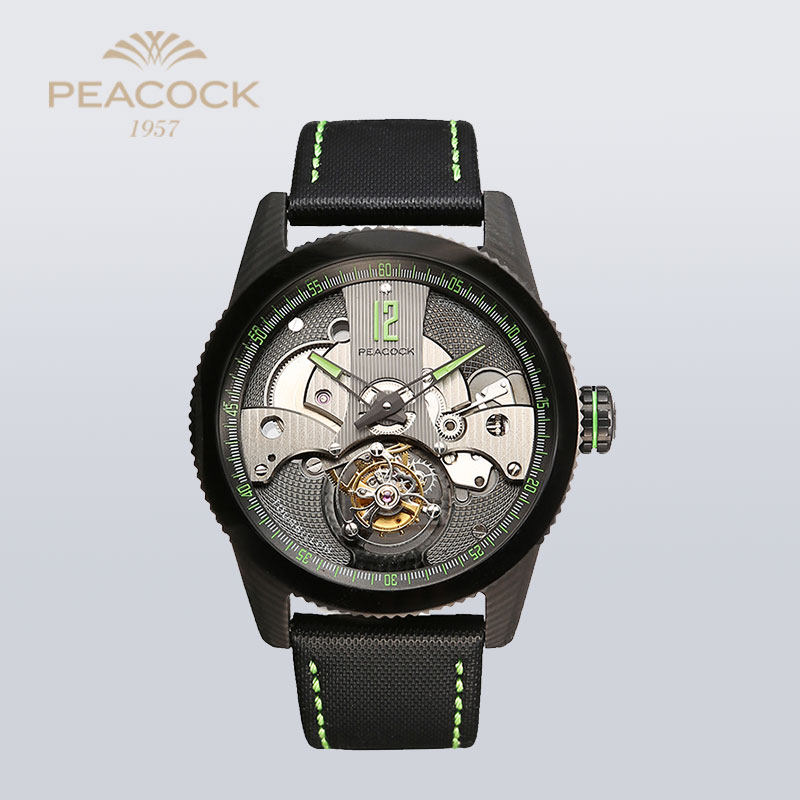 孔雀手表peacock镂空陀飞轮手表机械表男潮陀孔雀表p5014绿