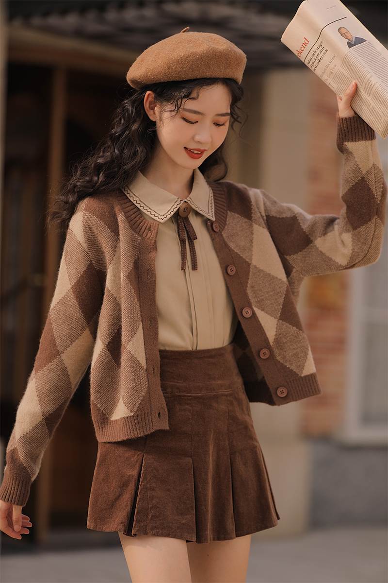 玲玖复古菱格针织衫开衫女2022春秋装宽松长袖毛衣短款小个子外套