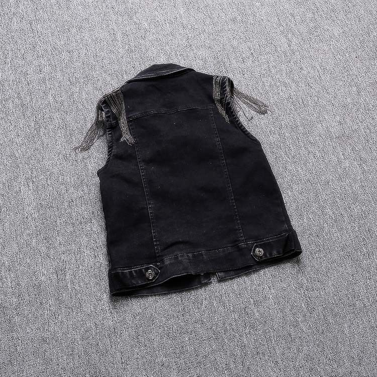 2018春秋新款韩版百搭黑色坎肩牛仔背心肩膀链条流苏马甲短款女