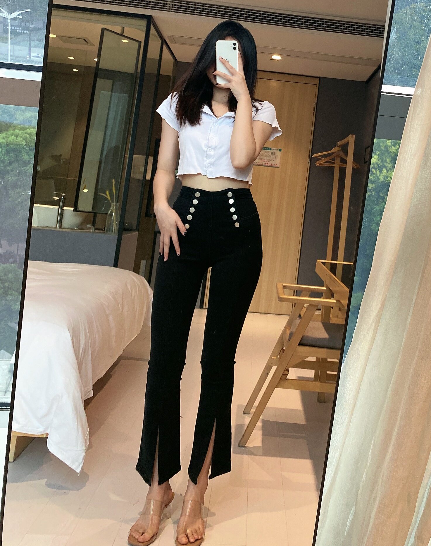 wmxz欧美女装2021秋季新款高腰双排扣弹力款下摆开叉喇叭裤牛仔裤