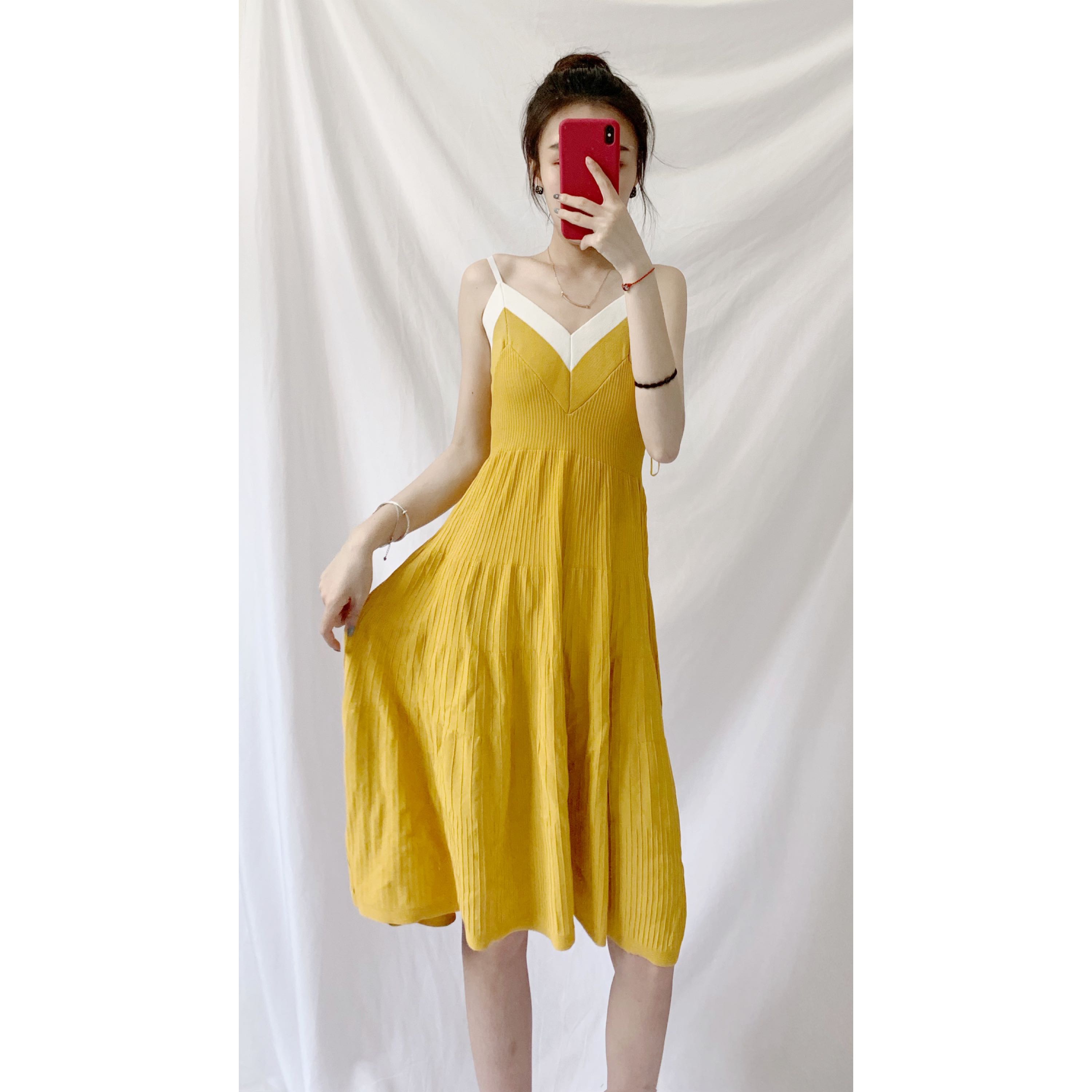 v领针织背心裙_wmxz 2019秋季新品女装清爽拼色v领吊带针织连衣裙吊带