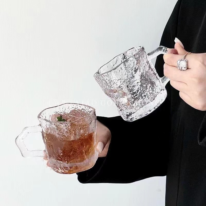 ins风带把手冰川杯家用女高级感喝水杯子简约玻璃杯冰没事咖啡杯