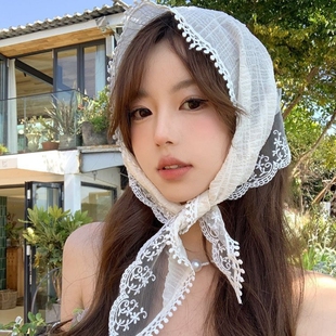 海边拍照头巾女包头三角形韩系头巾新疆旅游穿搭头巾白色蕾丝时尚