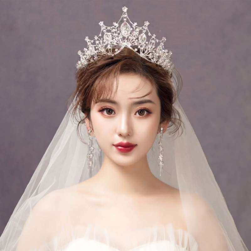 皇冠仙气新娘头饰超仙森系头纱高级感婚纱三件套白纱大气王冠结婚