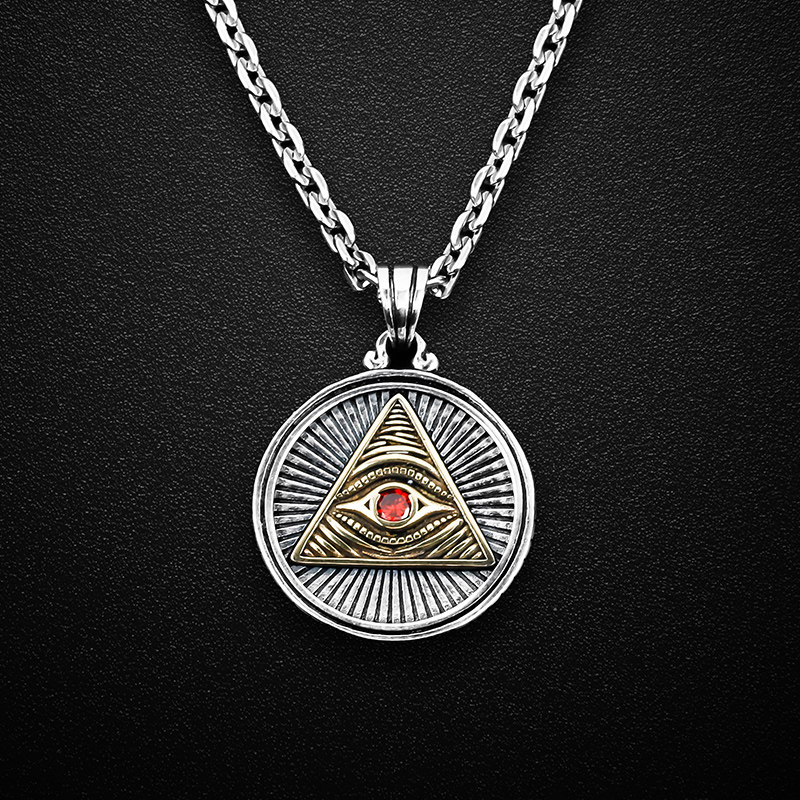 上帝之眼吊坠纯银项链男复古圆牌韩版潮吊坠时尚嘻哈925银挂坠