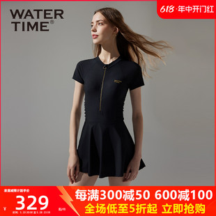 WaterTime 小黑裙游泳衣女连体短袖遮肚显瘦连衣裙泡温泉高级感