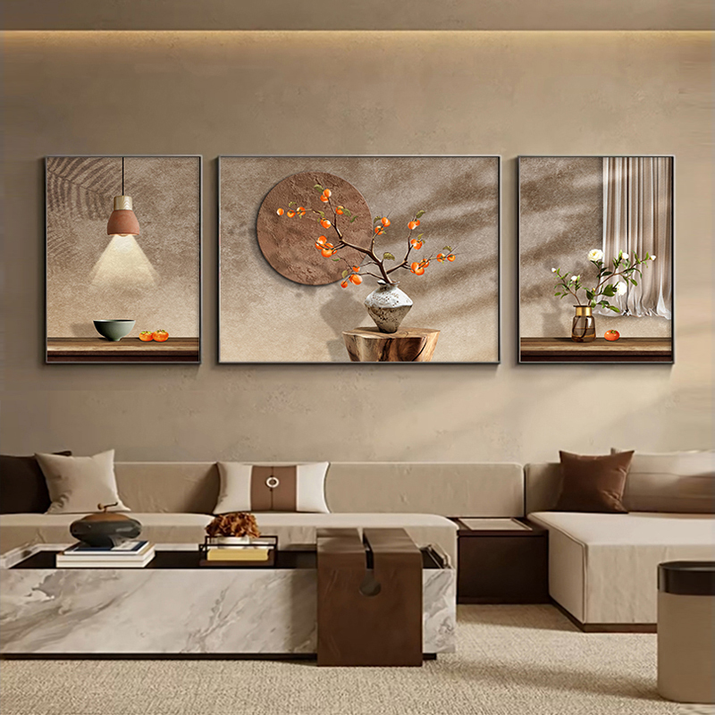 侘寂风客厅装饰画高级感现代简约沙发背景墙柿子新款三联墙壁挂画