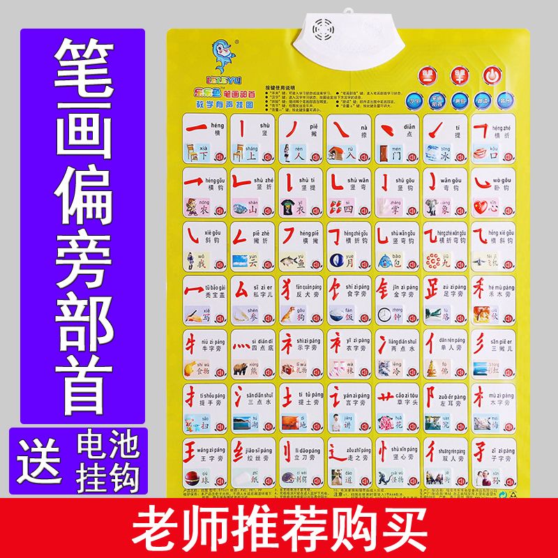 小学一年级汉字偏旁部首笔画笔顺有声挂图儿童学拼音声母韵母全套