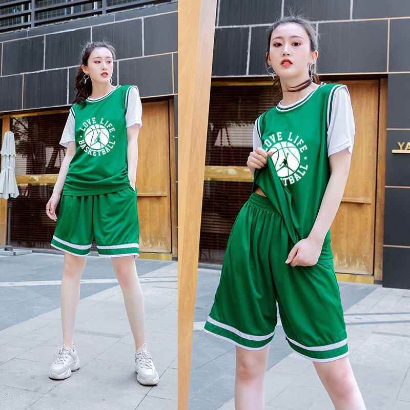 女款篮球服套装定制比赛运动女子短袖假两件个性宽松潮流新款球衣