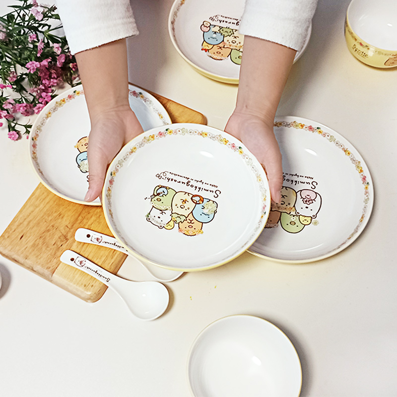 角落生物儿童餐具女孩家用碗盘陶瓷卡通陶瓷勺子可爱女生饭碗菜盘