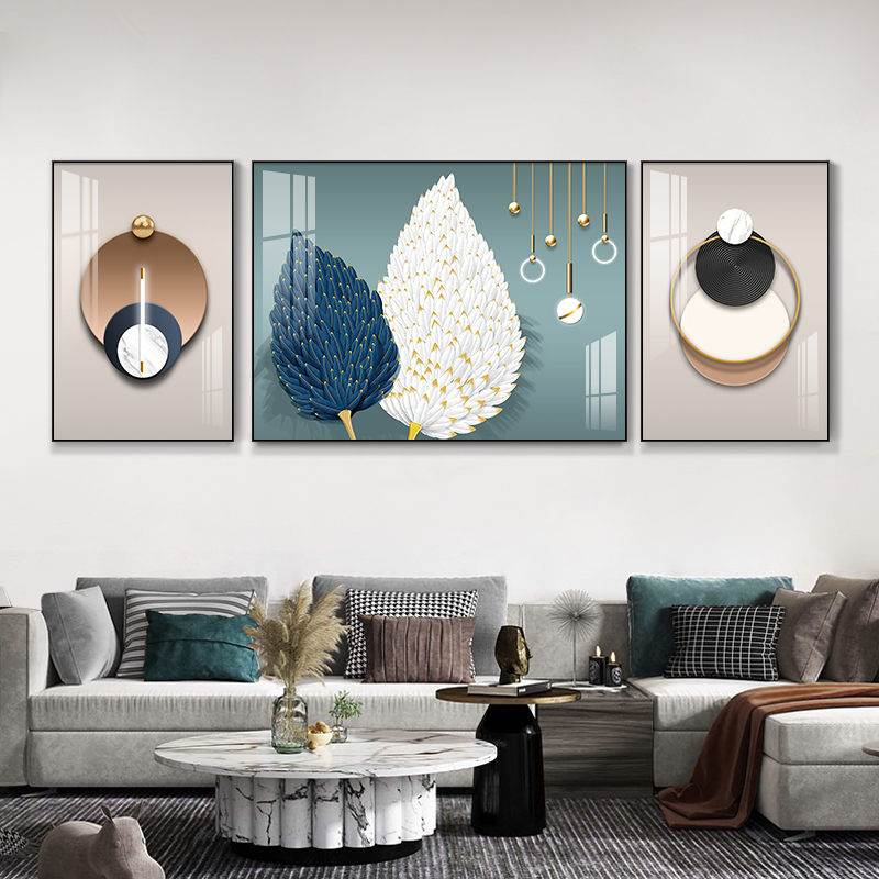 现代简约客厅装饰画创意羽毛沙发背景墙壁画轻奢大气三联画壁画