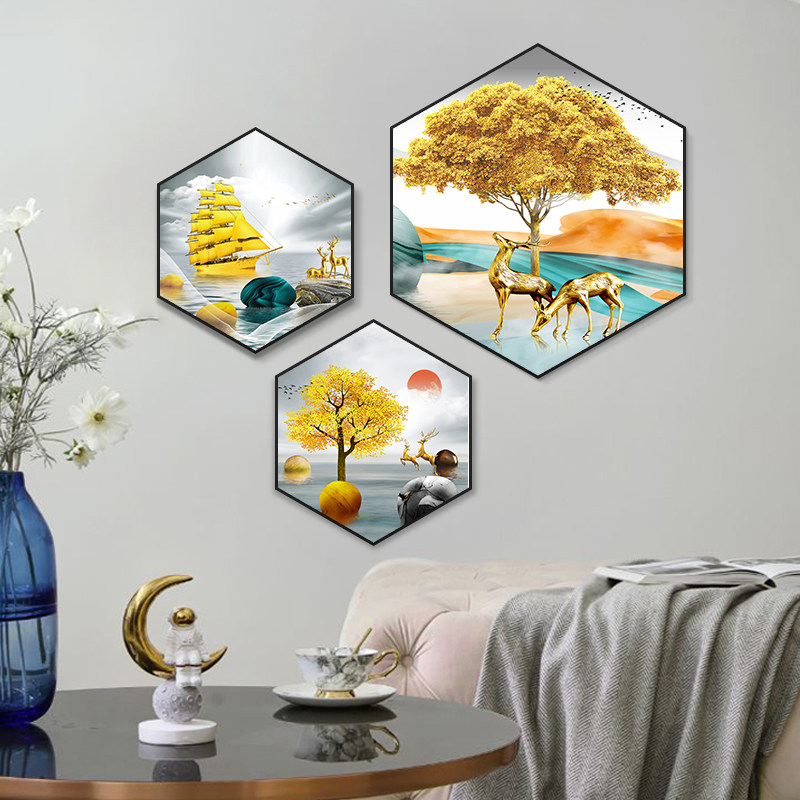 北欧风客厅装饰画轻奢六边形壁画沙发背景墙挂画现代简约餐厅墙画