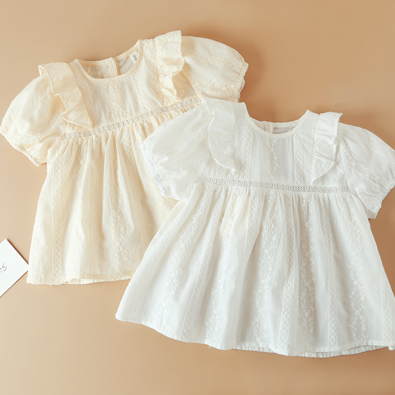 儿童花边衬衫薄款夏季女童短袖娃娃衫上衣洋气纯棉小衫宝宝白衬衣