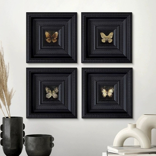 法式复古客厅装饰画黑色实木框美式中古风蝴蝶小尺寸挂画餐厅壁画
