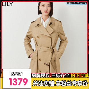 【商场同款】LILY2024春新款女装英伦风双排扣全棉长款风衣外套女