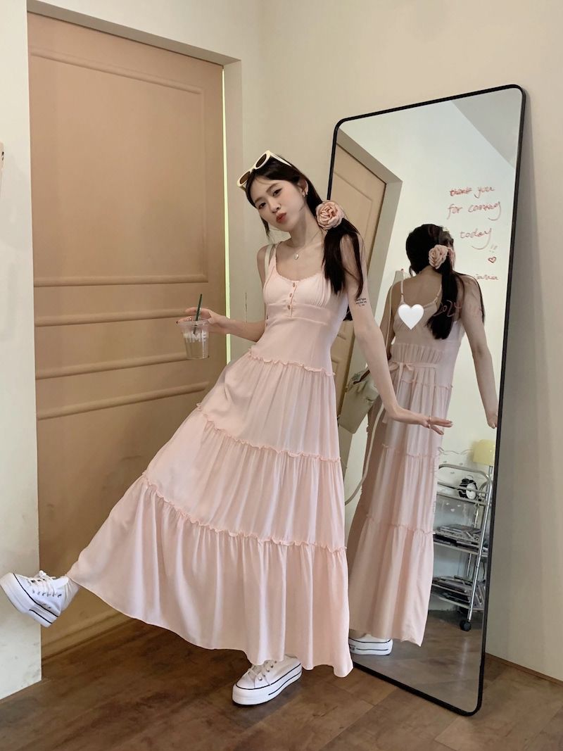 kumikumi粉色吊带裙女春夏季海边白色连衣裙甜美蛋糕长裙收腰裙子