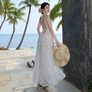 实拍 轻婚纱白色小礼服高级感连衣裙露背海边度假裙三亚旅行拍照