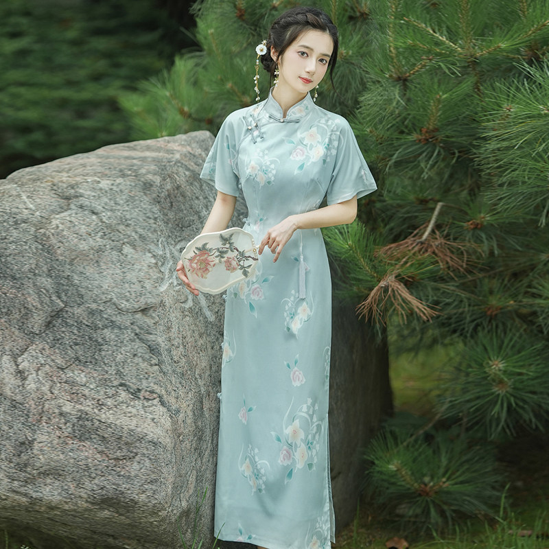 原创古法全开襟旗袍2022复古民国风年轻款少女清新淡雅老上海1930