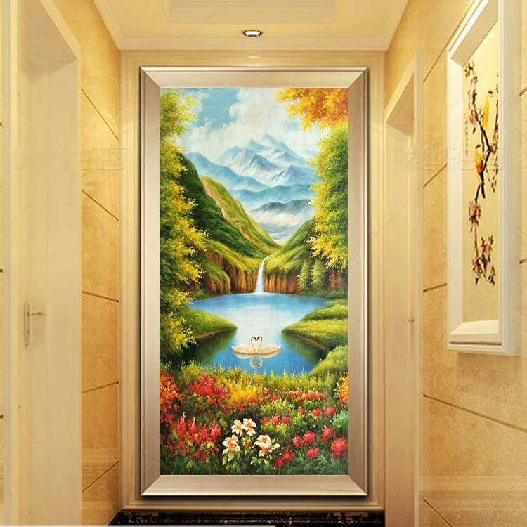 欧式手绘山水风景画聚宝盆油画客厅玄关走廊过道挂画天鹅湖装饰画
