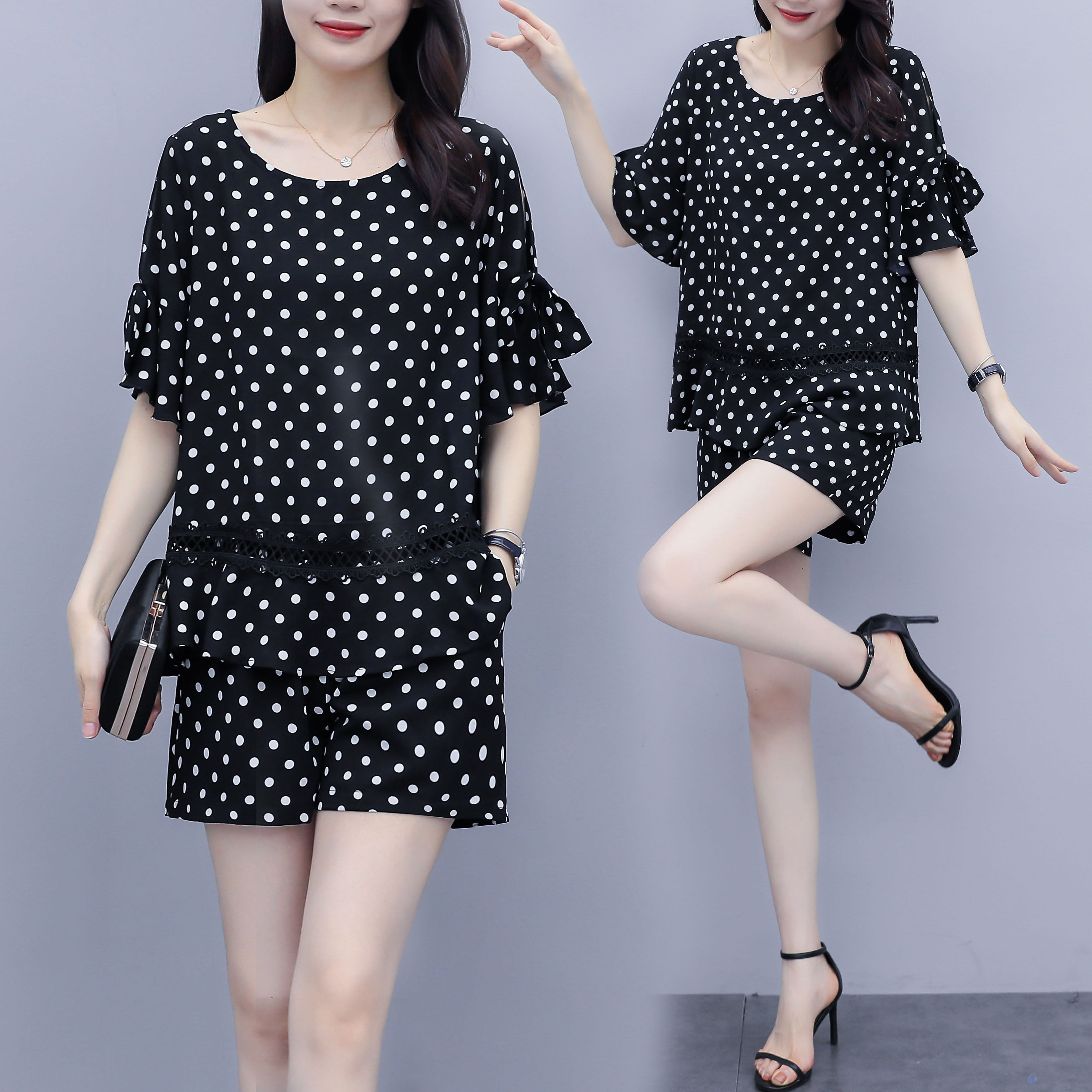 实拍现货2020夏季新款胖mm加肥加大遮肉显瘦波点时尚套装女-纤木大码