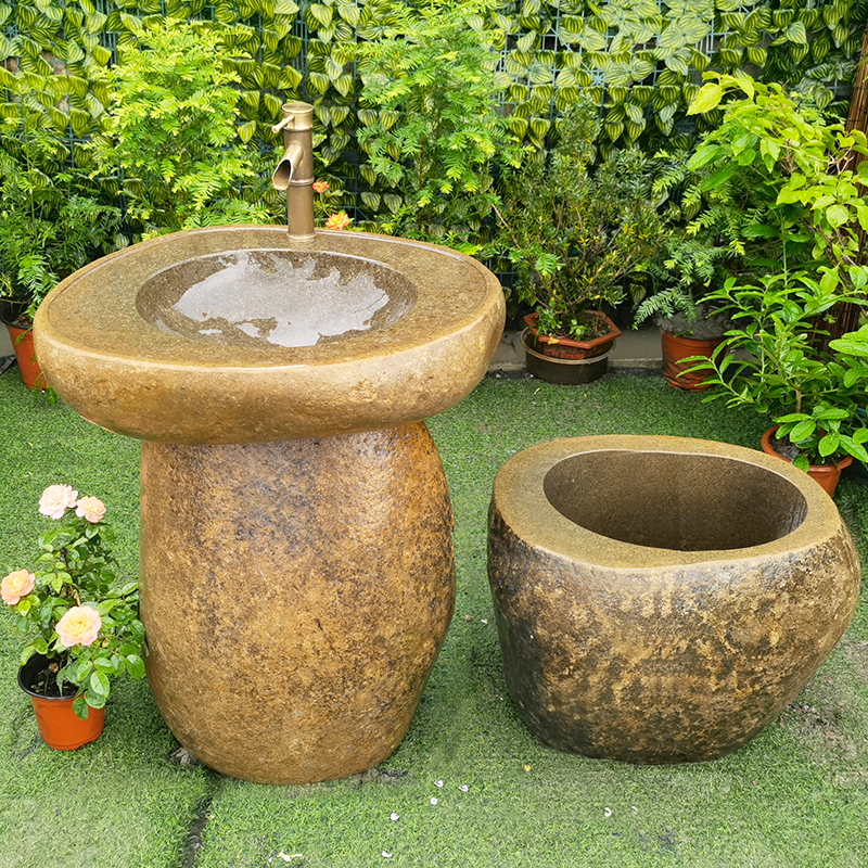 石头水池庭院户外室外大理石材台上盆幼儿园天然鹅卵石洗手盆水槽