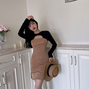 Autumn new long sleeve slim fit bag hip black punch card its side fork commuter dress fake two pieces