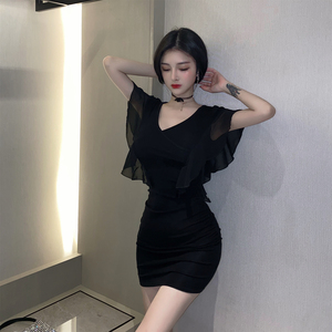 V-neck sexy Ruffle waist pack hip solid color dress