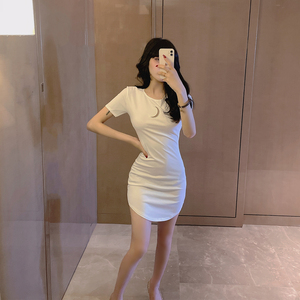 Round neck short sleeve slim solid dress with Hong Kong style and A-line buttock skirt