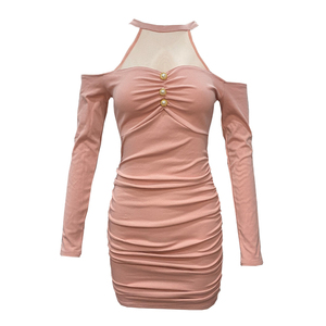 New long sleeved off shoulder small round neck hanging neck shows thin sexy fashion waist closing temperament dress