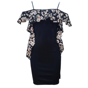 Suspender off shoulder Ruffle floral dress with waist bag and buttock slit