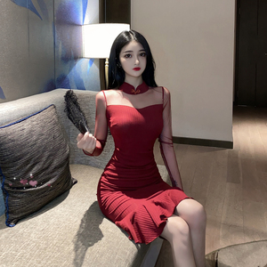 Red cheongsam dress with gathered waist and ruffle