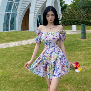 Summer new French Purple Floral dress female princess skirt fluffy celebrity fashion dress